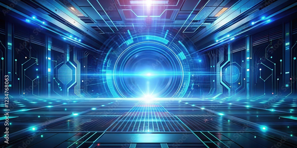 Fototapeta premium A futuristic hallway with glowing blue circuits and a bright light at the end of the path