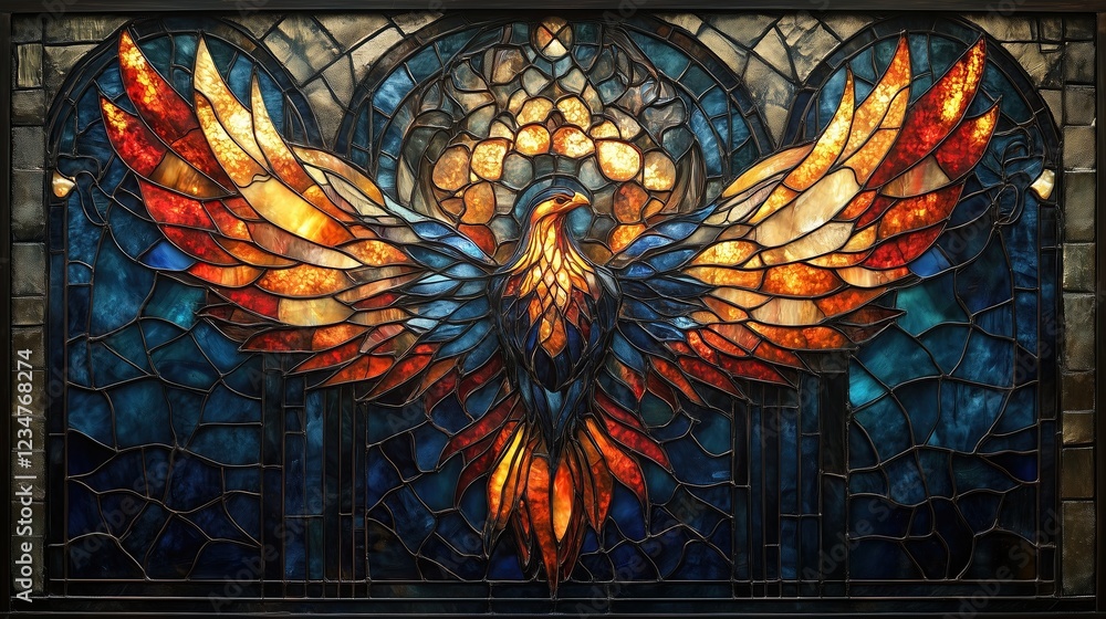 Fototapeta premium Phoenix Bloom, stained glass, Gothic style, Phoenix stained glass shards