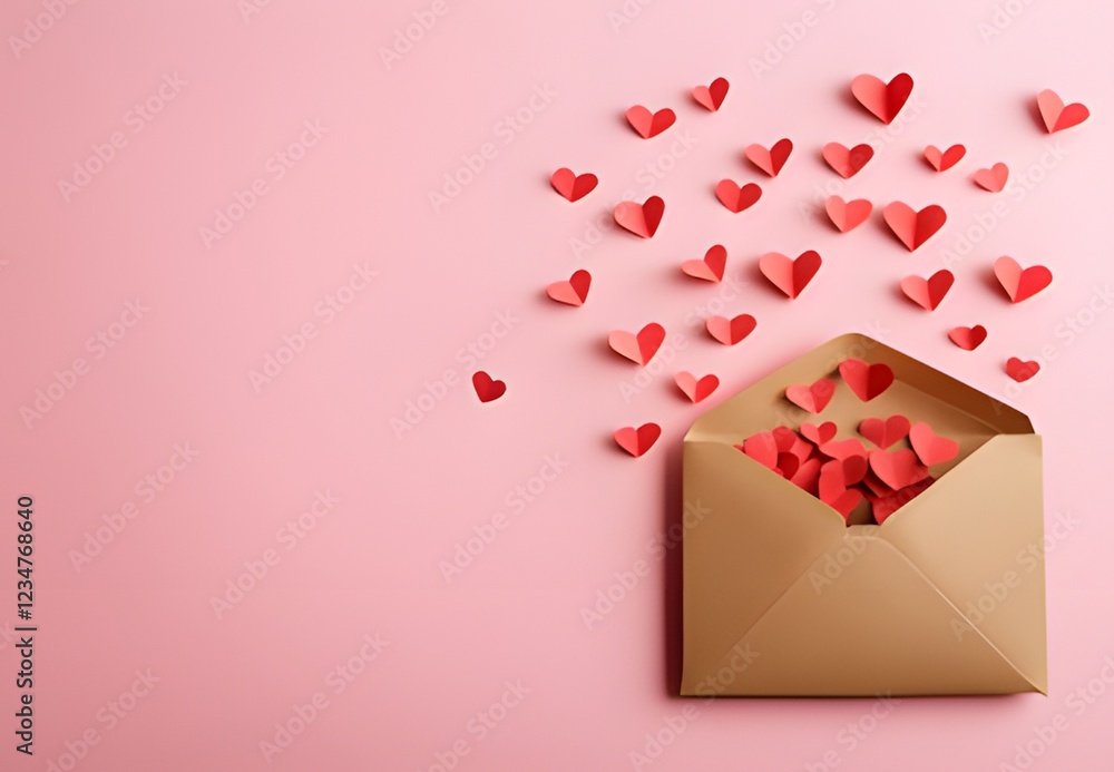 Paper envelope with red flying hearts on a pink background Paper envelope with red flying hearts on a pink background