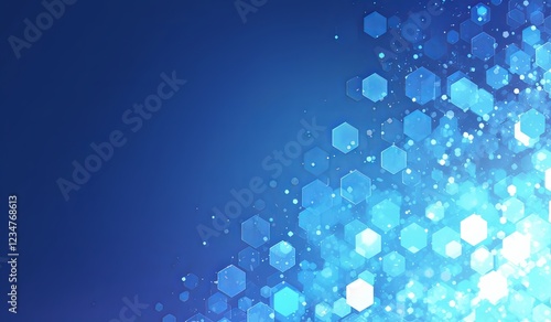 Abstract blue background with hexagons, white bokeh, and light blue gradient
