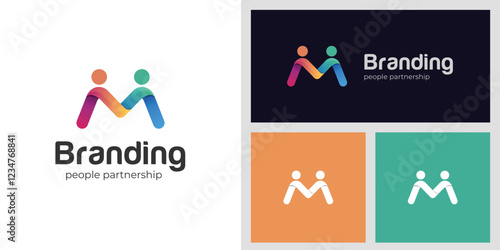 Modern vector logos of Initial Letter M with People icon design. Creative Connecting Partnership business People concept symbol.