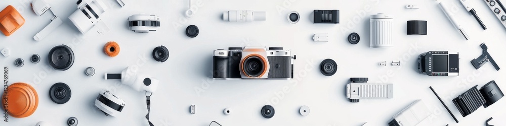 Camera and accessories arranged on a white surface. Camera and accessories arranged on a white surface.