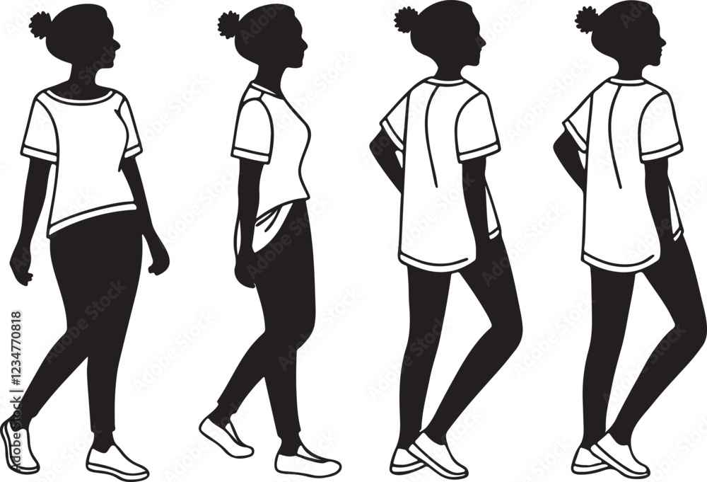Obraz premium A silhouette set of woman t-shirt silhouette, the woman wore an outline t-shirt with black design, and vector illustration art on a white background.