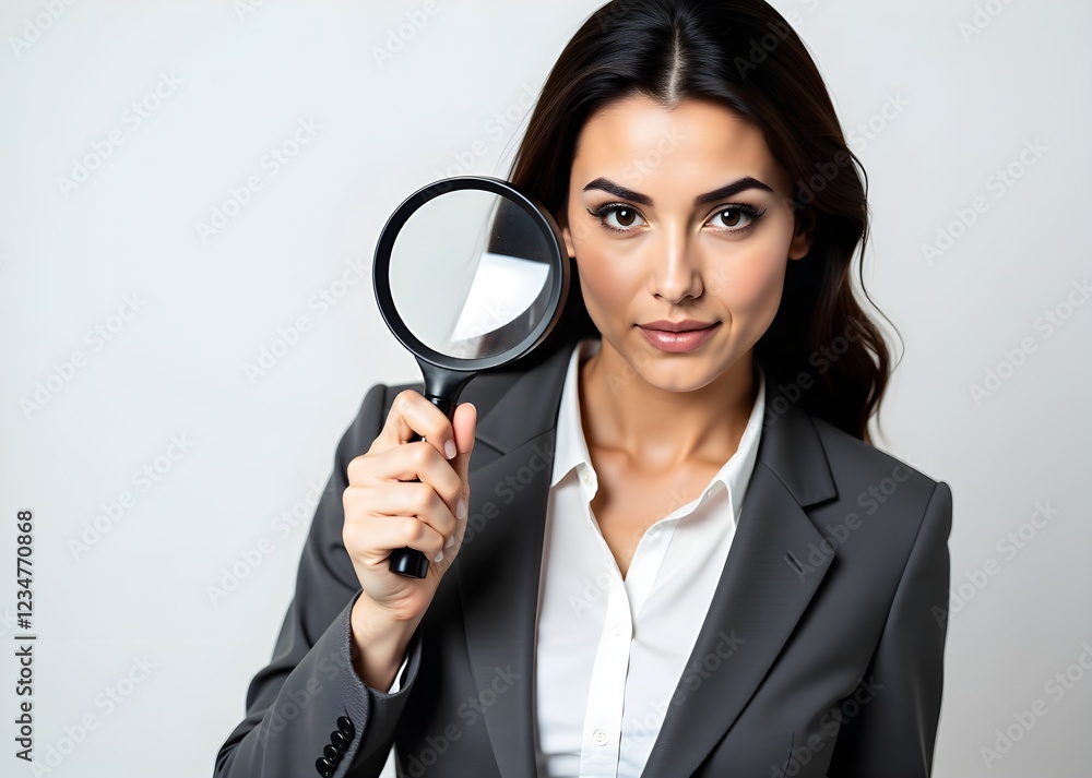 Businesswoman examining through magnifying glass on white background. Businesswoman examining through magnifying glass on white background.