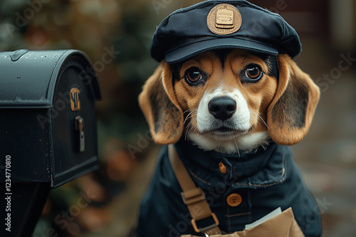 Un beagle habillé en facteur