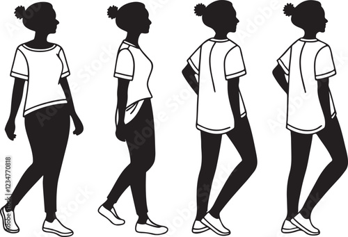 A silhouette set of woman t-shirt silhouette, the woman wore an outline t-shirt with black design, and vector illustration art on a white background.