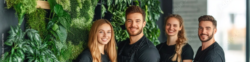 Fototapeta premium Team of young entrepreneurs posing in front of a lush green wall.