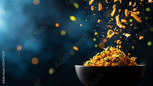 Bowl of noodles topped with orange and green vegetables in asian cuisine style photo