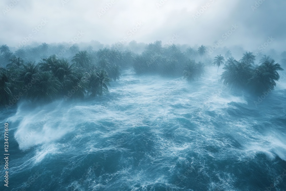 Obraz premium Stormy ocean waves crash against a dense tropical island landscape shrouded in misty weather conditions
