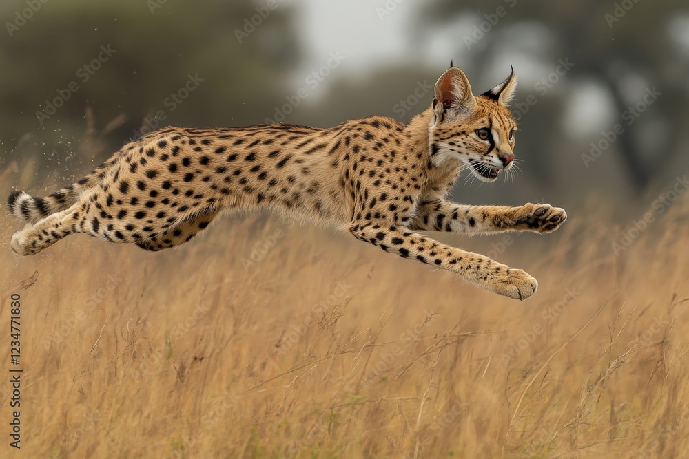 Serval cat leaps gracefully through tall grass during sunset in African savanna Serval cat leaps gracefully through tall grass during sunset in African savanna