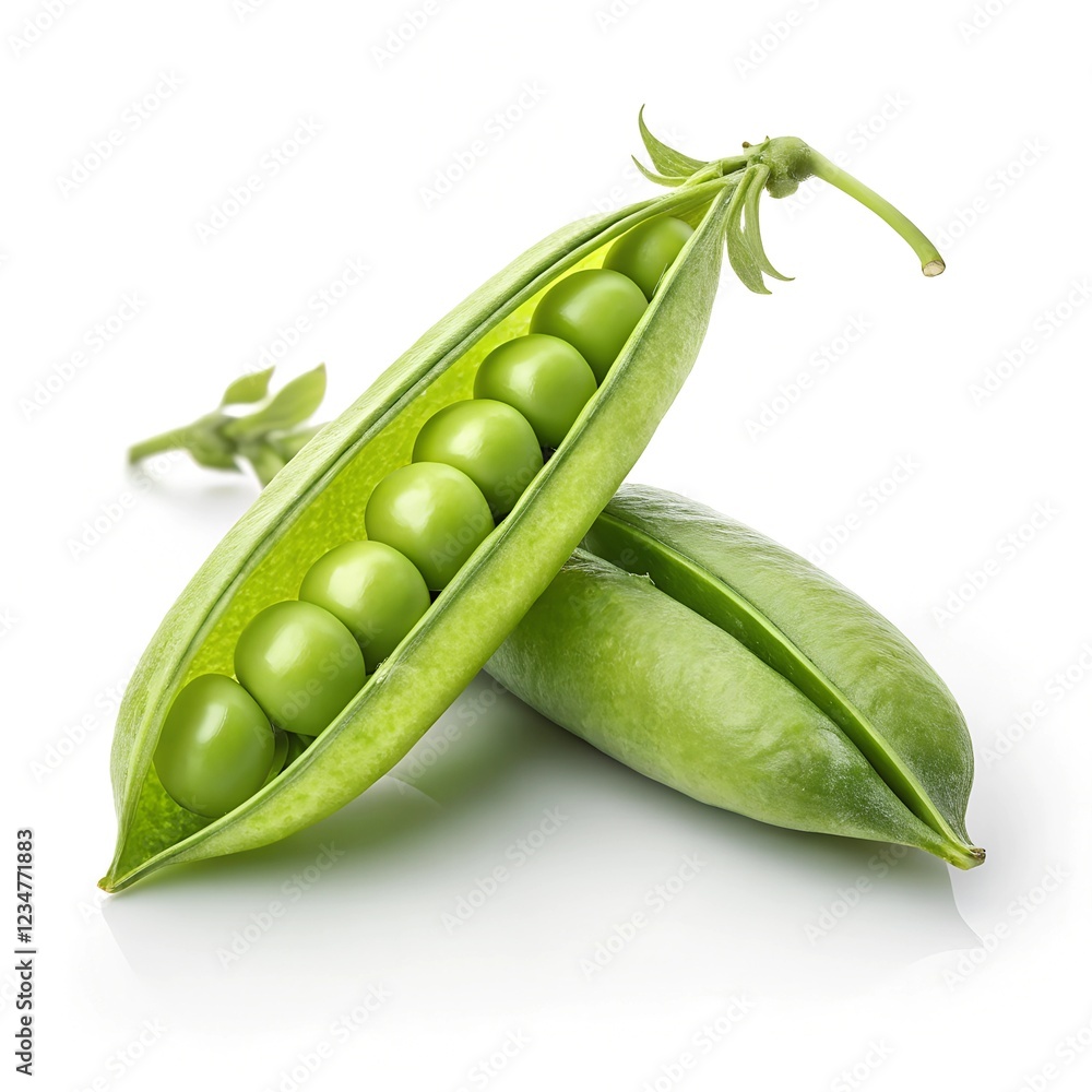 two fresh green pea pods, positioned in the center of a clean white background. two fresh green pea pods, positioned in the center of a clean white background.