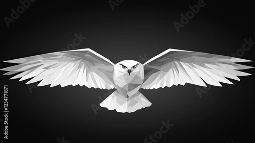 Low-poly white owl in flight, dark background, geometric design, logo concept