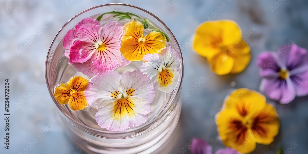 Edible flowers floating on the surface of a drink. Edible flowers floating on the surface of a drink.