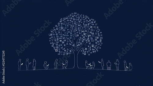 Creative collaboration blooms under a stylized tree illustrating shared ideas and projects in a digital age