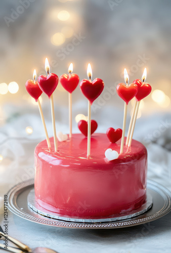 A delicious Valentine day romantic love cake decorated with hearts