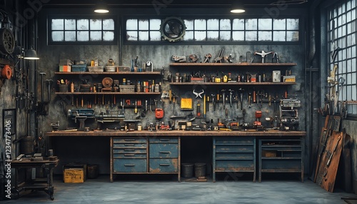 Oldfashioned industrial workshop, shelves stacked with tools, worn benches, rusty metal, distressed wood, realistic details, highcontrast lighting, 8K resolution