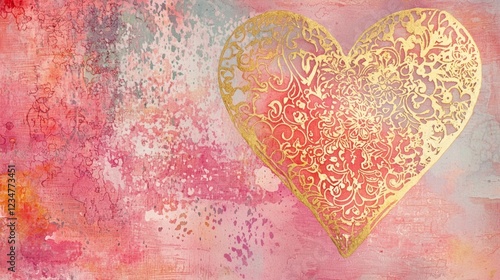 Valentine mockup card blank text festive decorations love celebration. Golden Ornate Heart on Abstract Painted Background with Textural Splatter and Soft Hues.