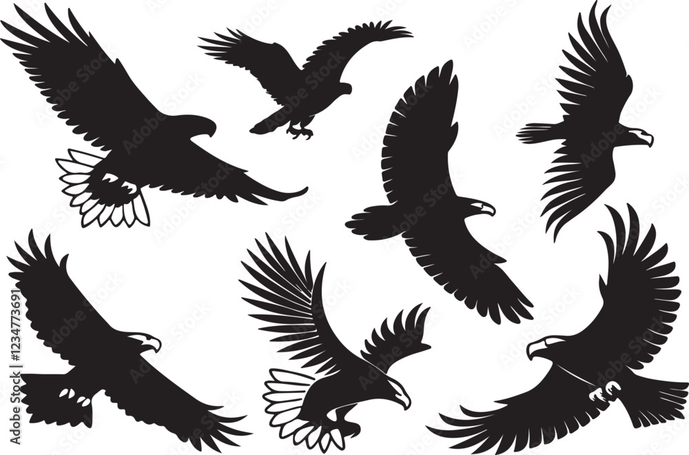Fototapeta premium A variant style of eagle silhouette vector, flying bird silhouette, and flat bird icon illustration design, isolated on a white background.