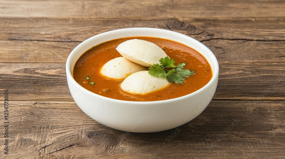 Famous Food of Indian concept. Delicious South Indian dish featuring idlis in spicy tomato sauce. Famous Food of Indian concept. Delicious South Indian dish featuring idlis in spicy tomato sauce.