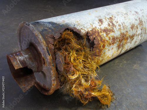 A rusted exhaust silencer or muffler on a garage floor, with insulation spilling out of a large hole, removed from a vehicle for replacement. photo