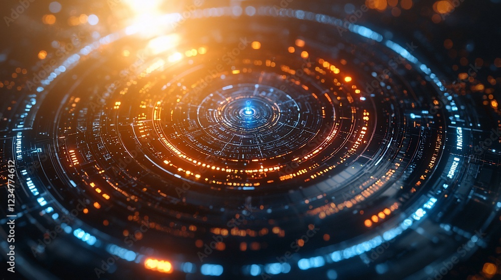Futuristic Technology Interface: Abstract Circular Design with Orange and Blue Neon Lights Futuristic Technology Interface: Abstract Circular Design with Orange and Blue Neon Lights