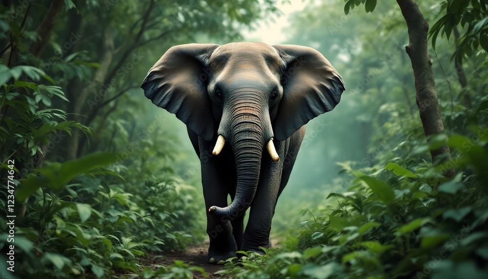 Fototapeta premium Majestic Elephant Walking Through Lush Jungle