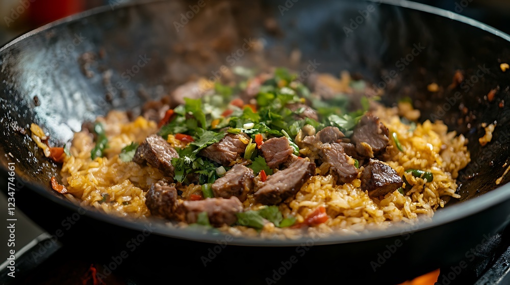 Rice & meat stir fry in wok over stove with flame Rice & meat stir fry in wok over stove with flame