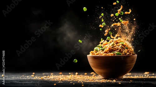 Bowl of comforting food with spring vegetables and colorful ingredients on a wooden table