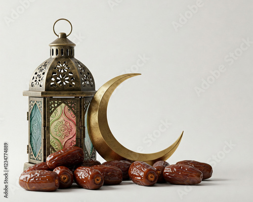 Ramadan Kareem Wishes with Crescent Moon, Lanterns, and Traditional Dates photo