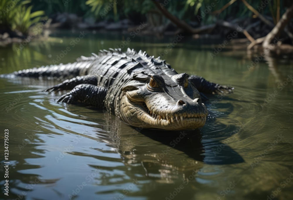 Fototapeta premium Alligator stalking its prey in shallow waters , gators, predator-prey interaction, marsh habitat