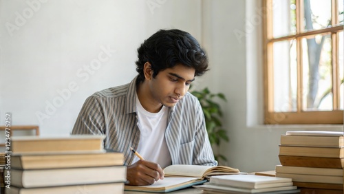 Indian Student Preparing for Competitive Exam – A focused student surrounded by books, preparing for tough exams like UPSC.
