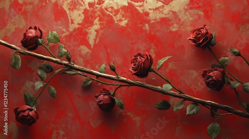 illustrative style, roses meander around a metall stick, dynamic