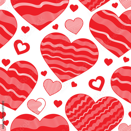 Vector seamless simple red monochrome valentine pattern with wavy hearts. Transparent background. For textile, wallpaper and packaging.