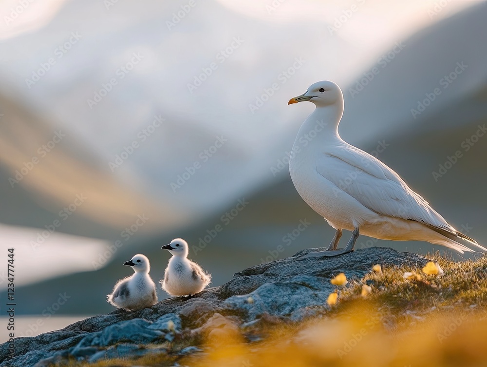 A majestic white seagull stands watch over its two fluffy chicks on a rocky outcrop A majestic white seagull stands watch over its two fluffy chicks on a rocky outcrop
