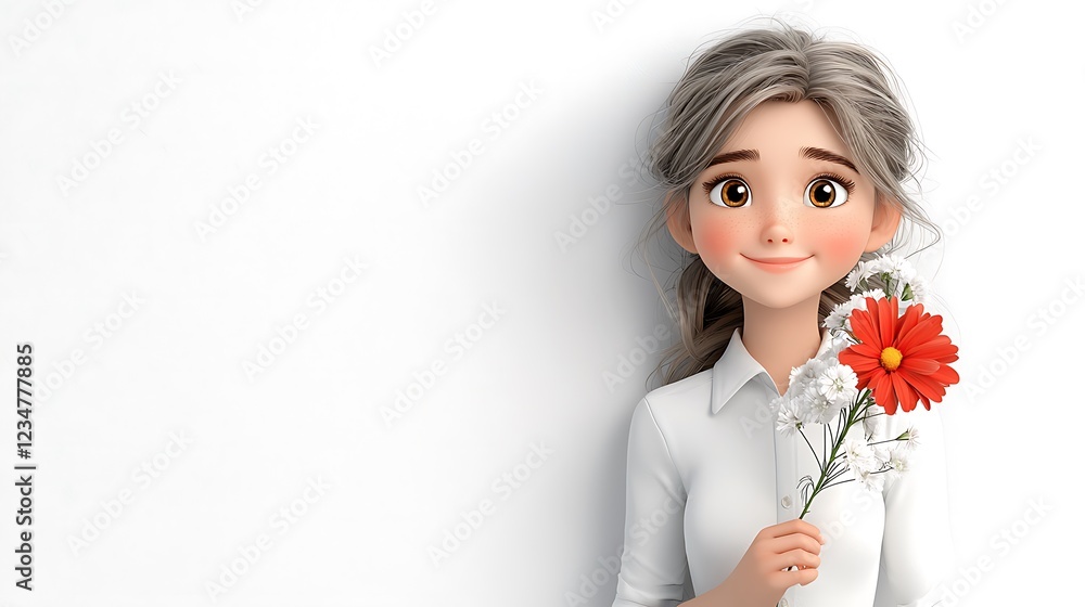 A 3D cartoon woman holding a patriotic bouquet of red, white, and blue flowers, smiling brightly, isolated white background. Ultra-Realistic, Photo Realistic, highly detailed, A 3D cartoon woman holding a patriotic bouquet of red, white, and blue flowers, smiling brightly, isolated white background. Ultra-Realistic, Photo Realistic, highly detailed,