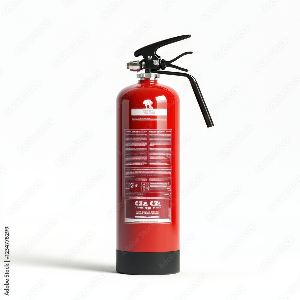 A red fire extinguisher with a black hose and a pressure gauge, isolated on a white background. Used for fire safety and emergency situations. A red fire extinguisher with a black hose and a pressure gauge, isolated on a white background. Used for fire safety and emergency situations.