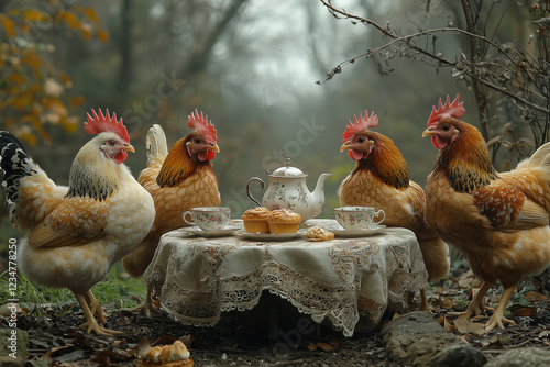 Un groupe de poule autour d'une table partageant le déjeuner photo