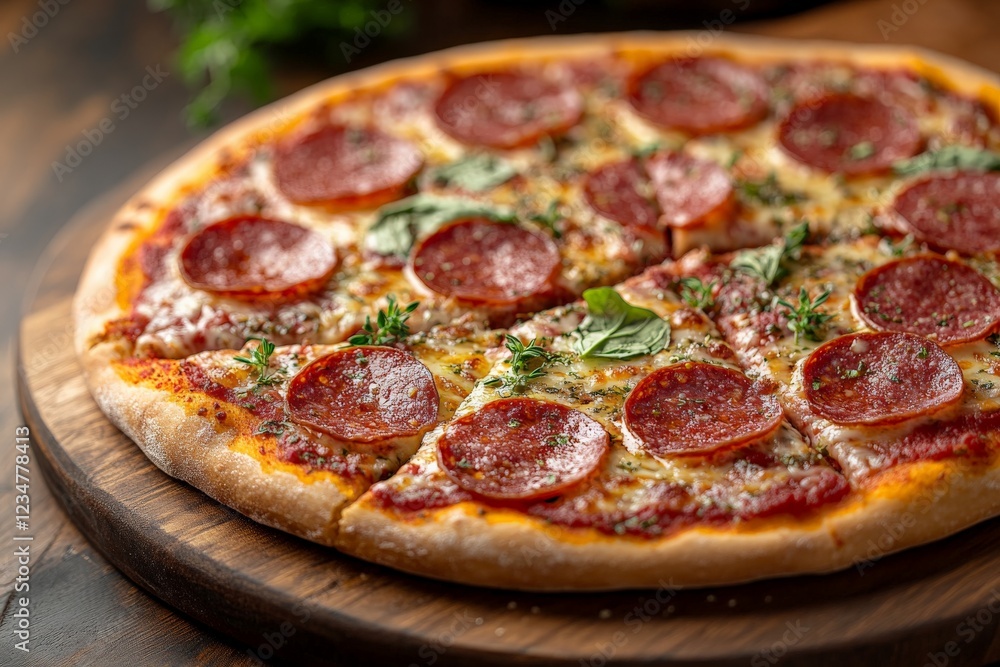Delicious pepperoni pizza topped with fresh herbs on a wooden serving board in a cozy setting Delicious pepperoni pizza topped with fresh herbs on a wooden serving board in a cozy setting