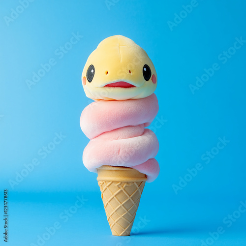 A cute plushie ice cream cone with a smiling face, featuring a yellow duckling head and a soft pink ice cream swirl. The image showcases a whimsical, playful dessert concept. photo