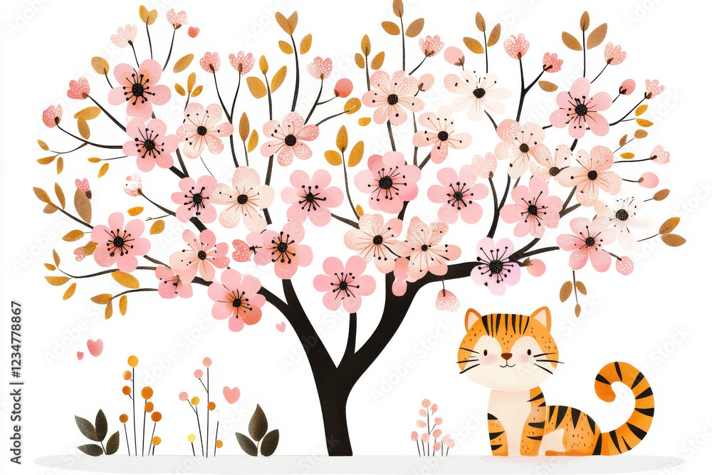 Fototapeta premium cheerful illustration of blooming tree with pink and white flowers, accompanied by playful orange cat. scene evokes sense of joy and springtime beauty