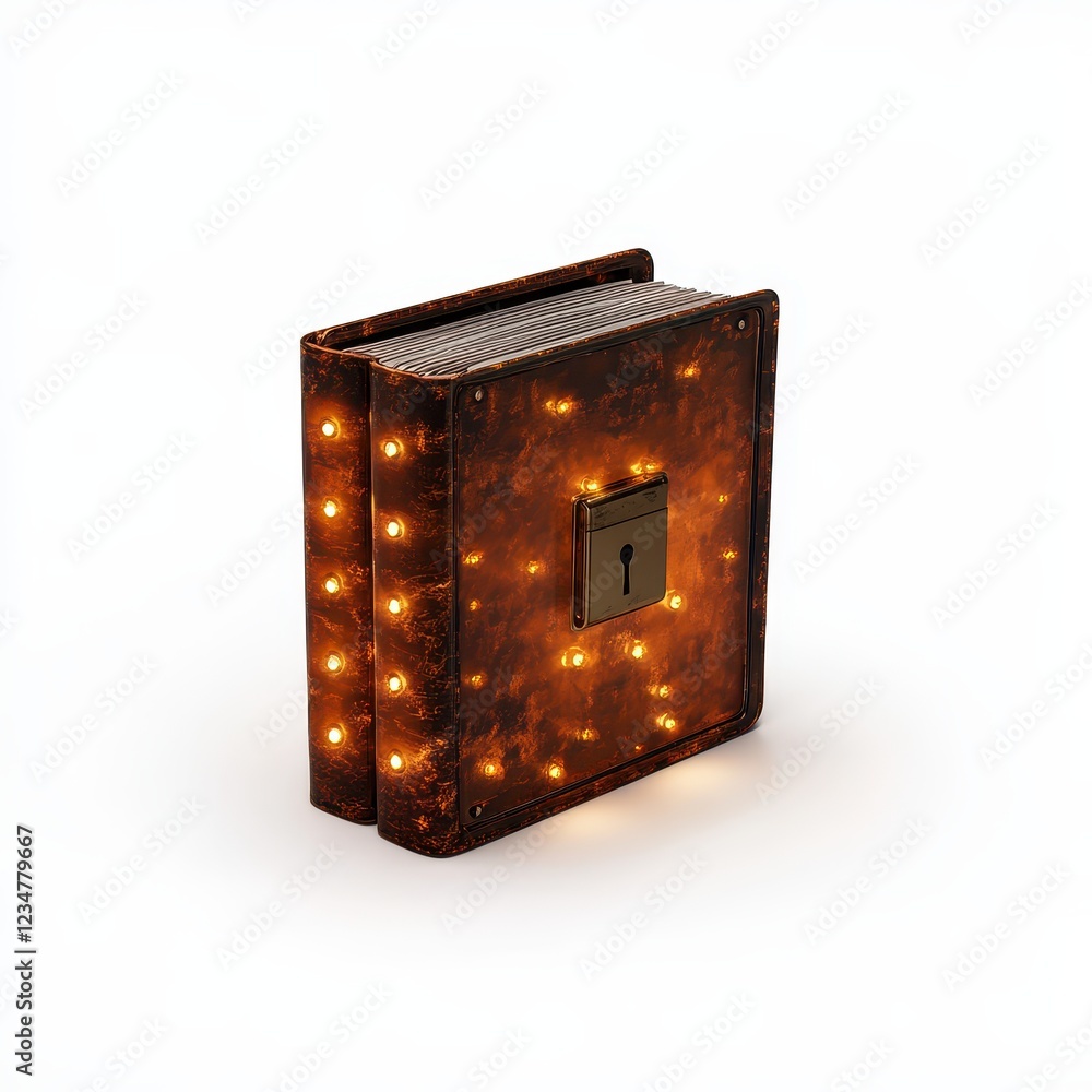 Obraz premium Vintage Book with Lights and Lock On a White Background