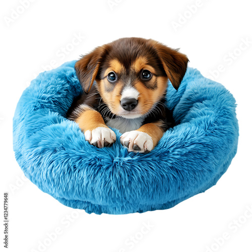 PNG Puppy in a Cozy Bed Against Transparent Background for Pet, Animal, or Comfort Design Projects photo