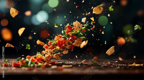 A pile of colorful chips falling into the air showcasing various ethnic flavors and textures