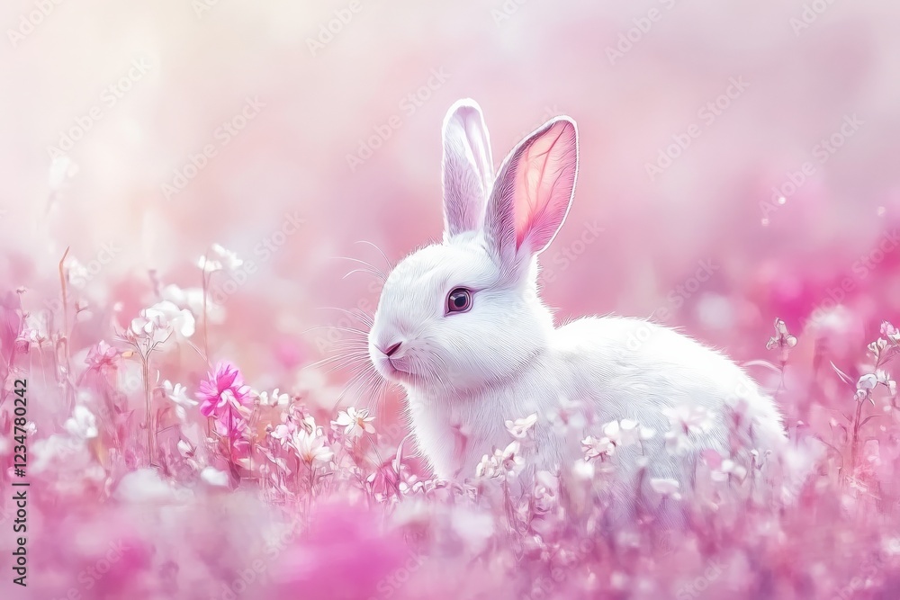Obraz premium White rabbit resting among pink flowers in a tranquil garden setting during springtime