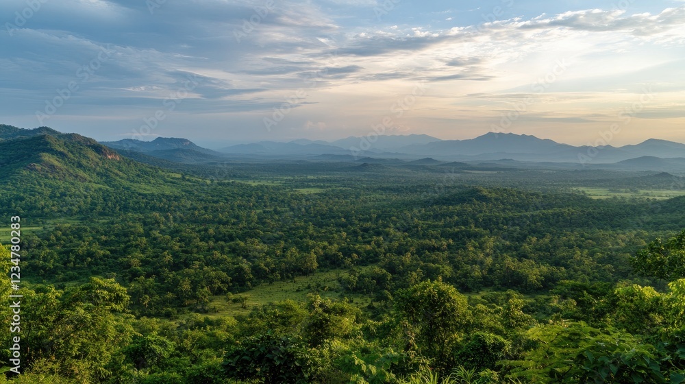 Lush green landscape with rolling hills and distant mountains under a cloudy sky Lush green landscape with rolling hills and distant mountains under a cloudy sky
