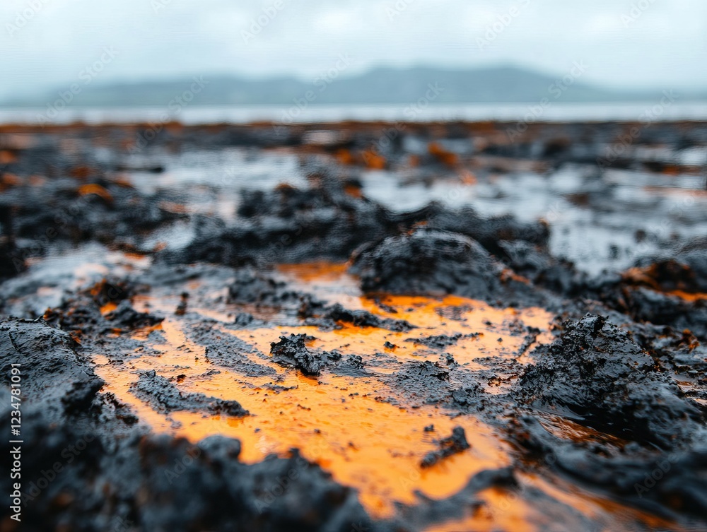A close-up view of a muddy landscape with bright orange streaks contrasting against dark, wet earth, set against a cloudy backdrop. A close-up view of a muddy landscape with bright orange streaks contrasting against dark, wet earth, set against a cloudy backdrop.