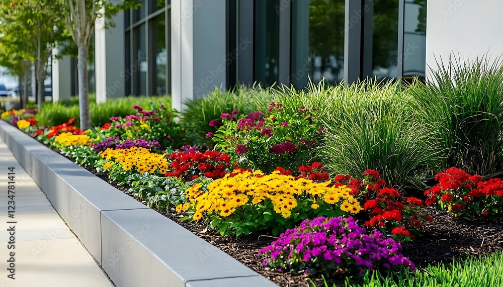 Fototapeta premium Well-maintained commercial landscaping with plants and flowers.