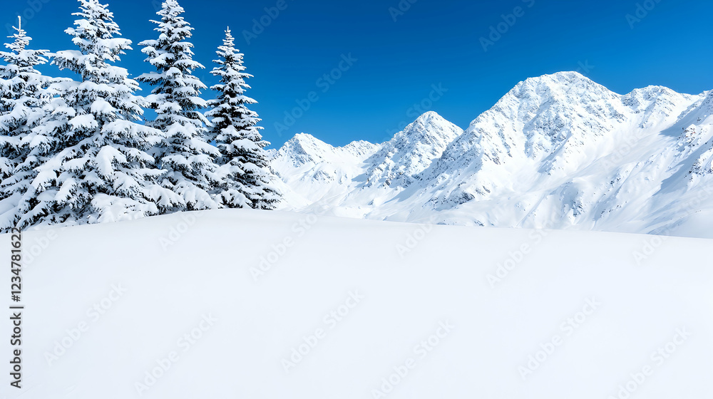 Obraz premium Snowy mountain range winter landscape, pristine snow, evergreen trees