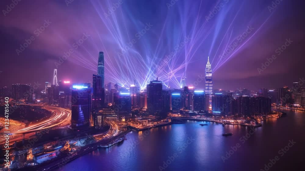 Vibrant urban nightscape with dynamic light show over city skyline Vibrant urban nightscape with dynamic light show over city skyline