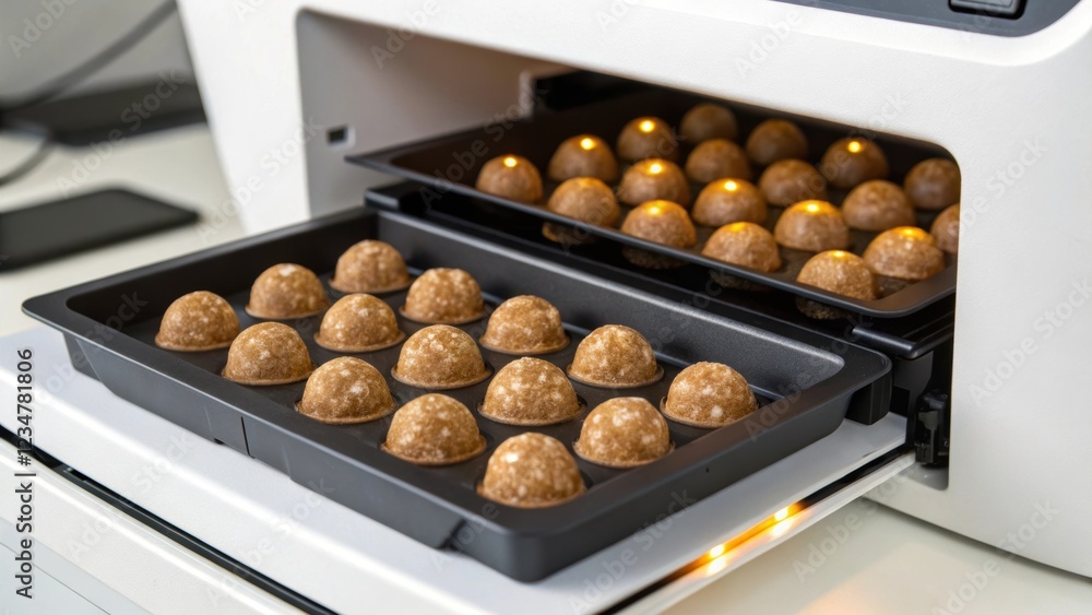 Food printing machine is producing small, round snacks, demonstrating the innovative capabilities of culinary technology in a modern kitchen setting Food printing machine is producing small, round snacks, demonstrating the innovative capabilities of culinary technology in a modern kitchen setting